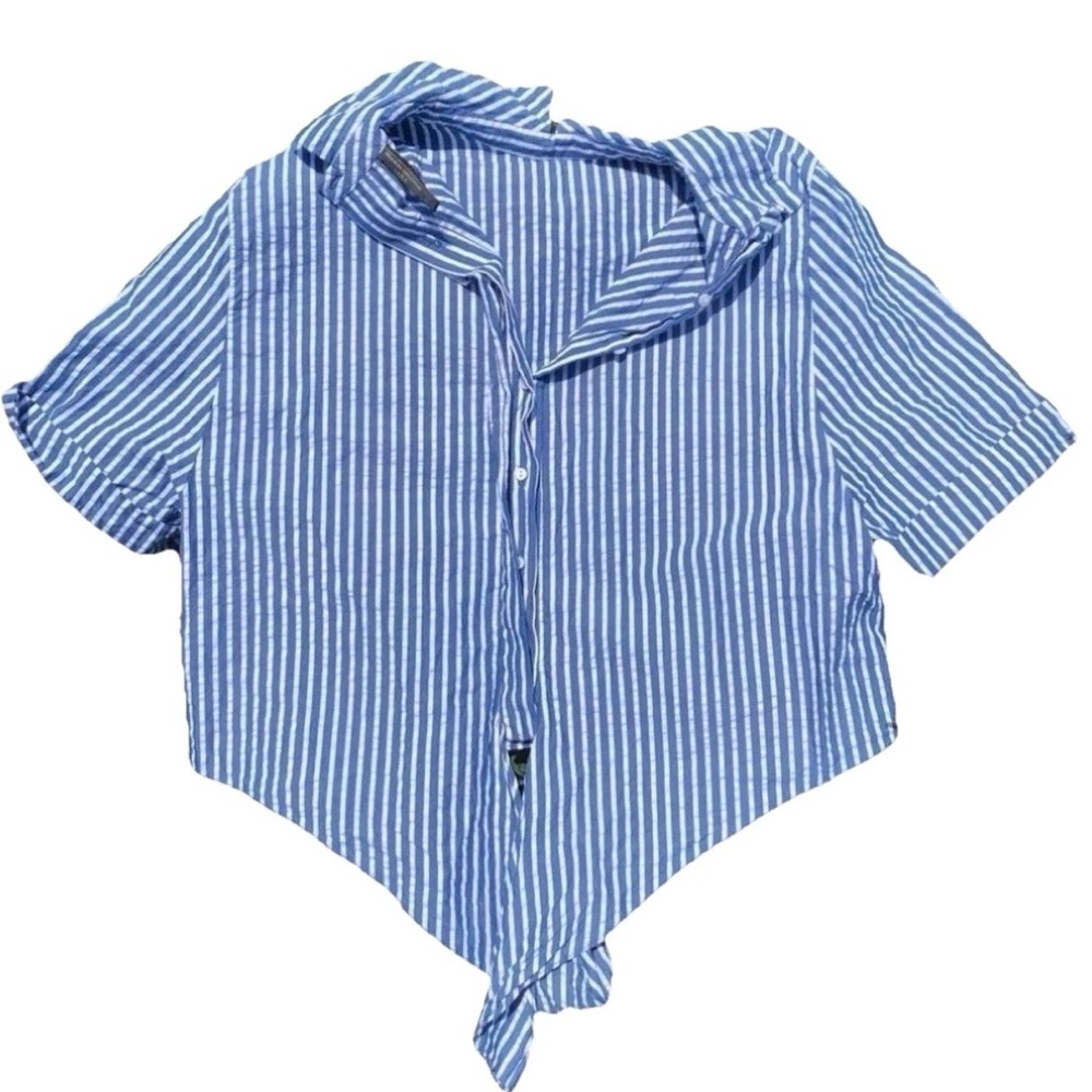 Zara Collection Blue & White Striped Cropped Tie Collared Top